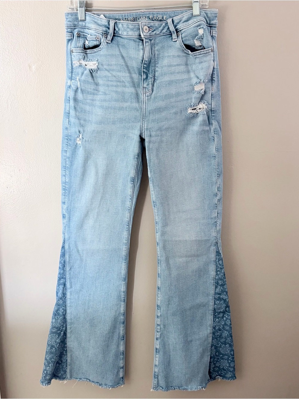 American Eagle Super Hi-Rise Flare Jeans Distressed Patchwork Size 10 Regular